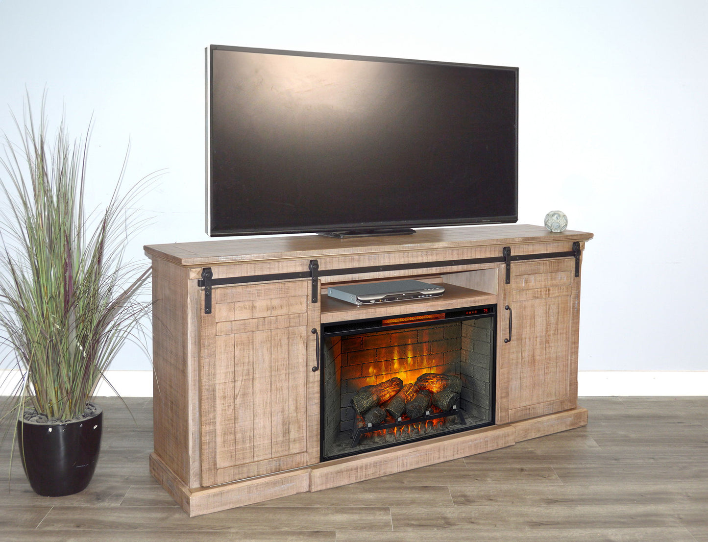78" Barn Door Media Console With Electric Fireplace - Desert Rock