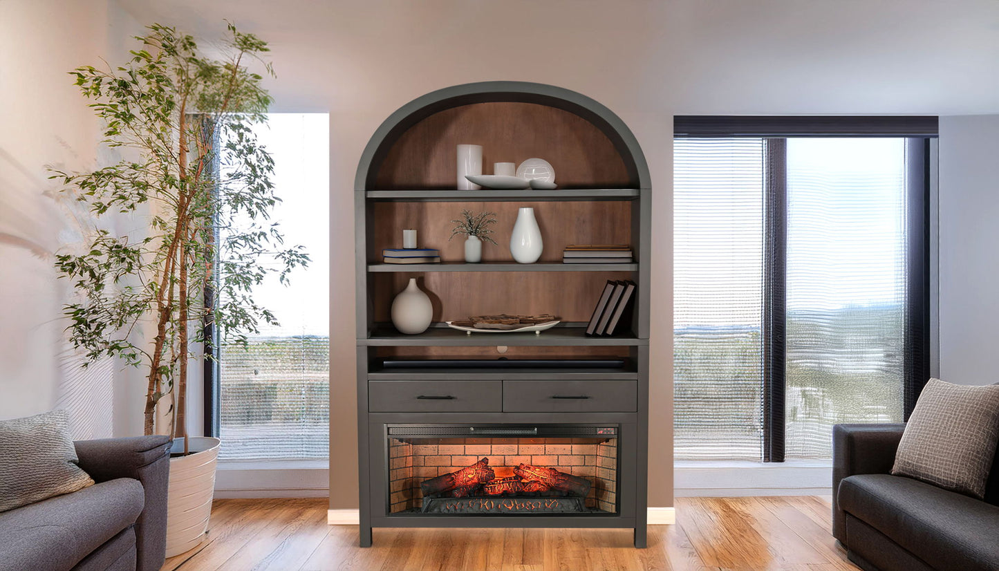 Arched Display Cabinet With Log-Style Electric Fireplace - Urban Bronze