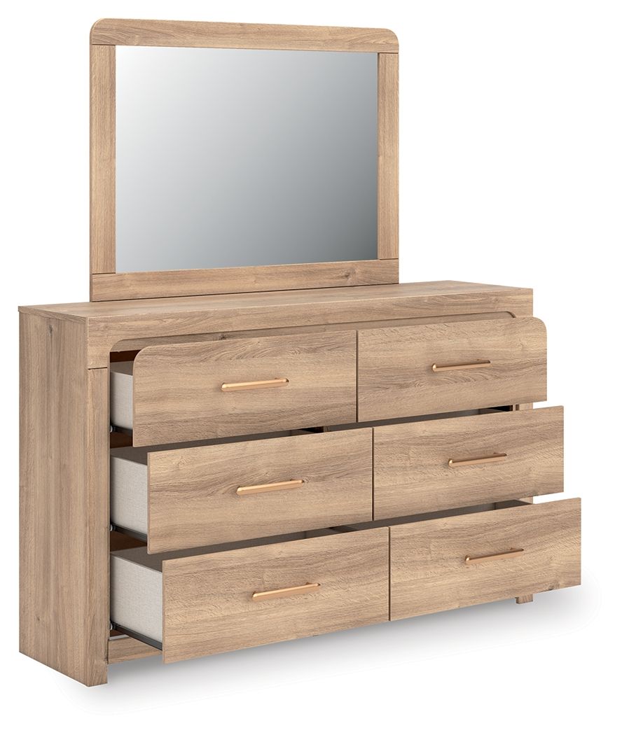 Kinlanni - 3 Pc. - Queen Upholstered Panel Bed With Roll Slats, Dresser And Mirror - Tan