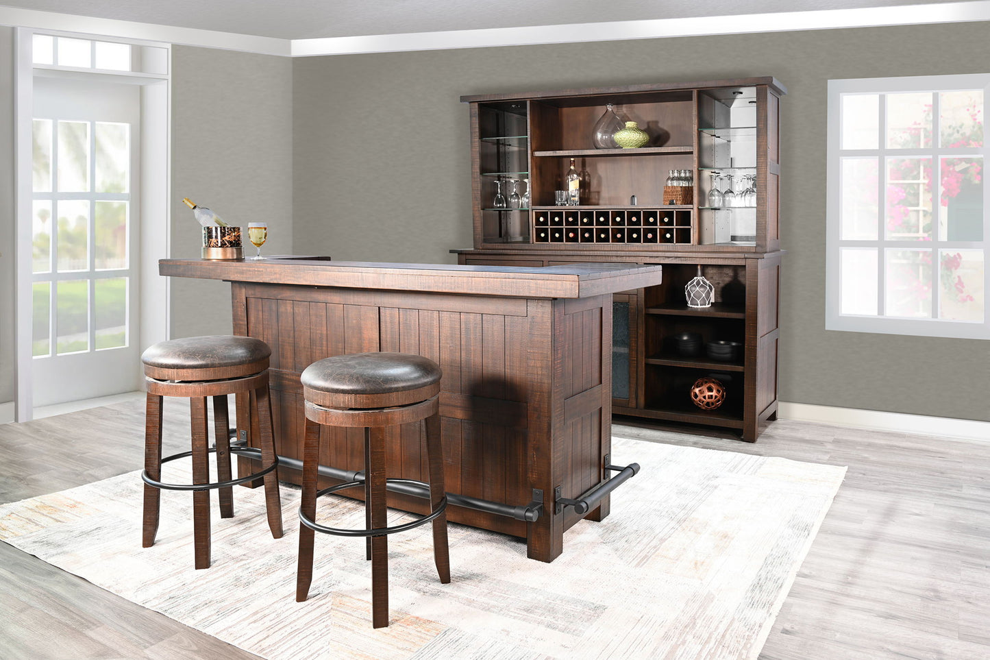 80" Traditional Wood Home 3 Piece Bar Set With Backless Stools - Tobacco Leaf