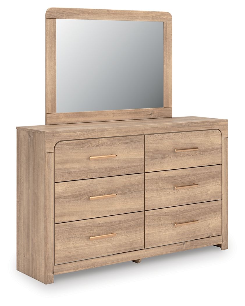 Kinlanni - 3 Pc. - Queen Upholstered Panel Bed With Roll Slats, Dresser And Mirror - Tan
