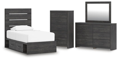 Hollivern - 4 Pc. - Twin Panel Storage Bed, Dresser, Mirror And Chest - Dark Gray