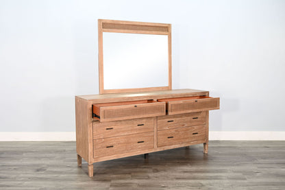 Natural Wood 6-Drawer Dresser With Rattan Accents