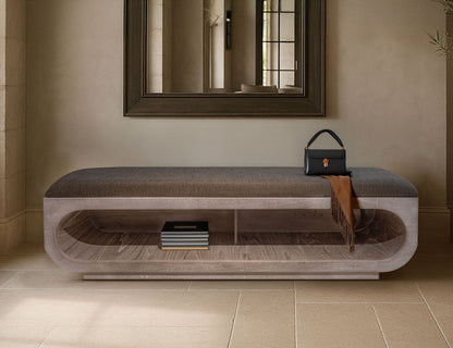 Balam - Wooden Bench With Fabric Cushioned Seat - Ivory White