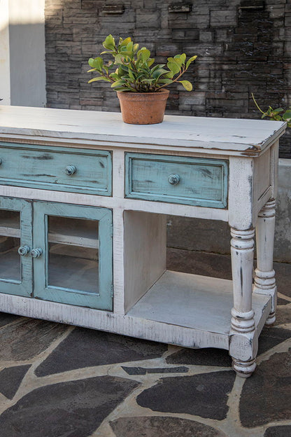 Aruba - TV Stand / Console With 3 Drawers And 2 Doors - Off White / Sky Blue