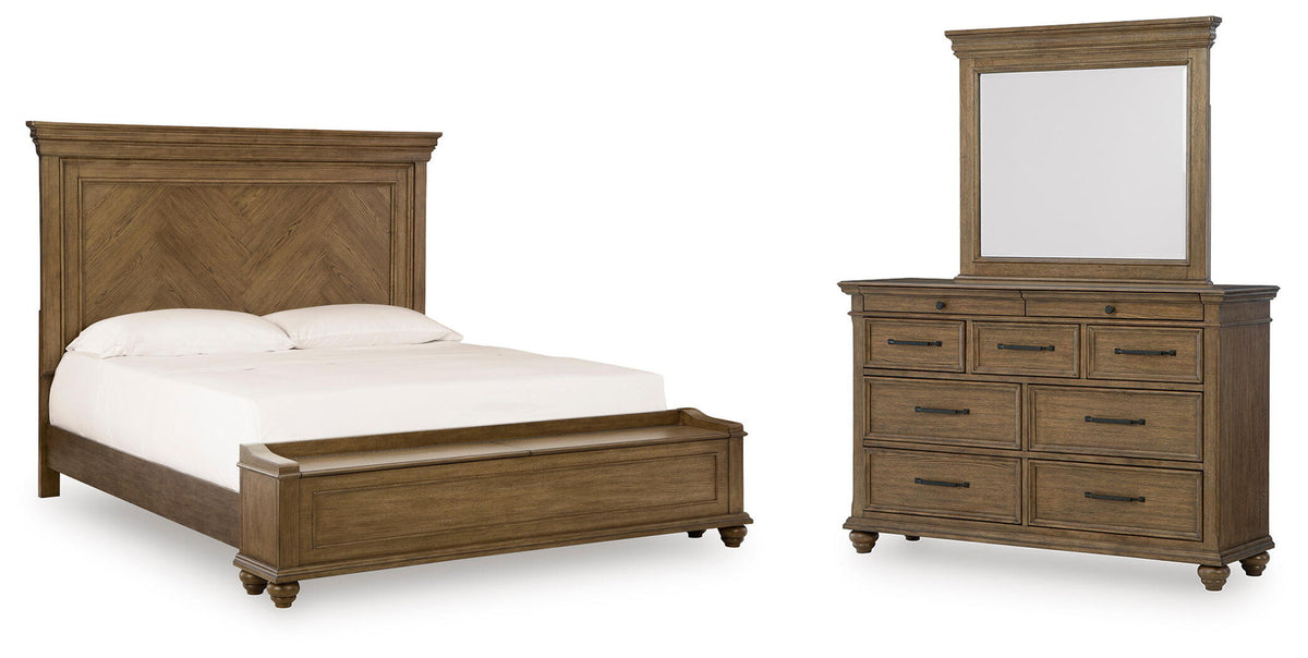 Karallin - 3 Pc. - Queen Panel Storage Bed, Dresser And Mirror - Medium Brown