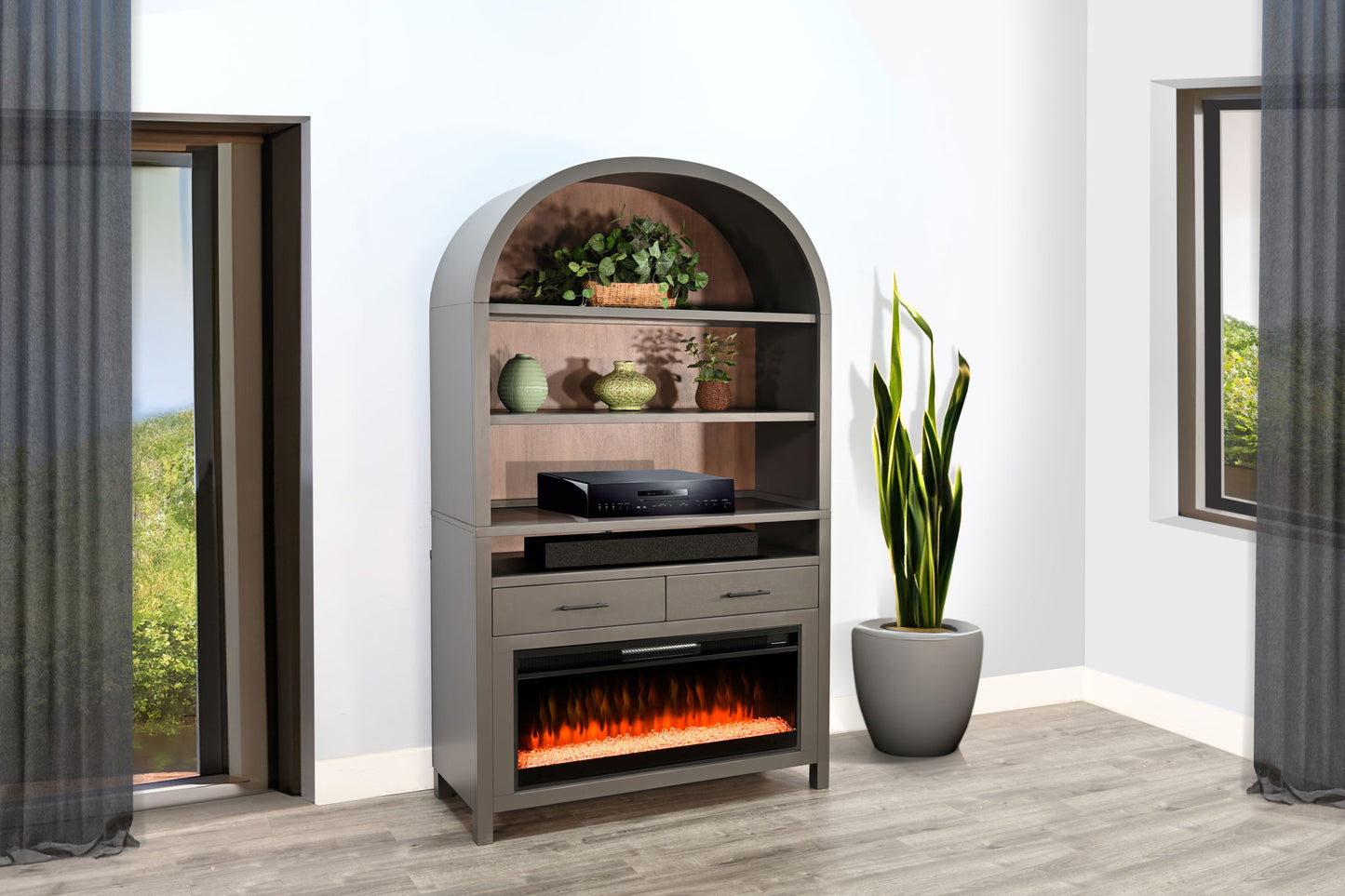 51.5" Wide Arch Bookcase With Electric Fireplace - Urban Bronze
