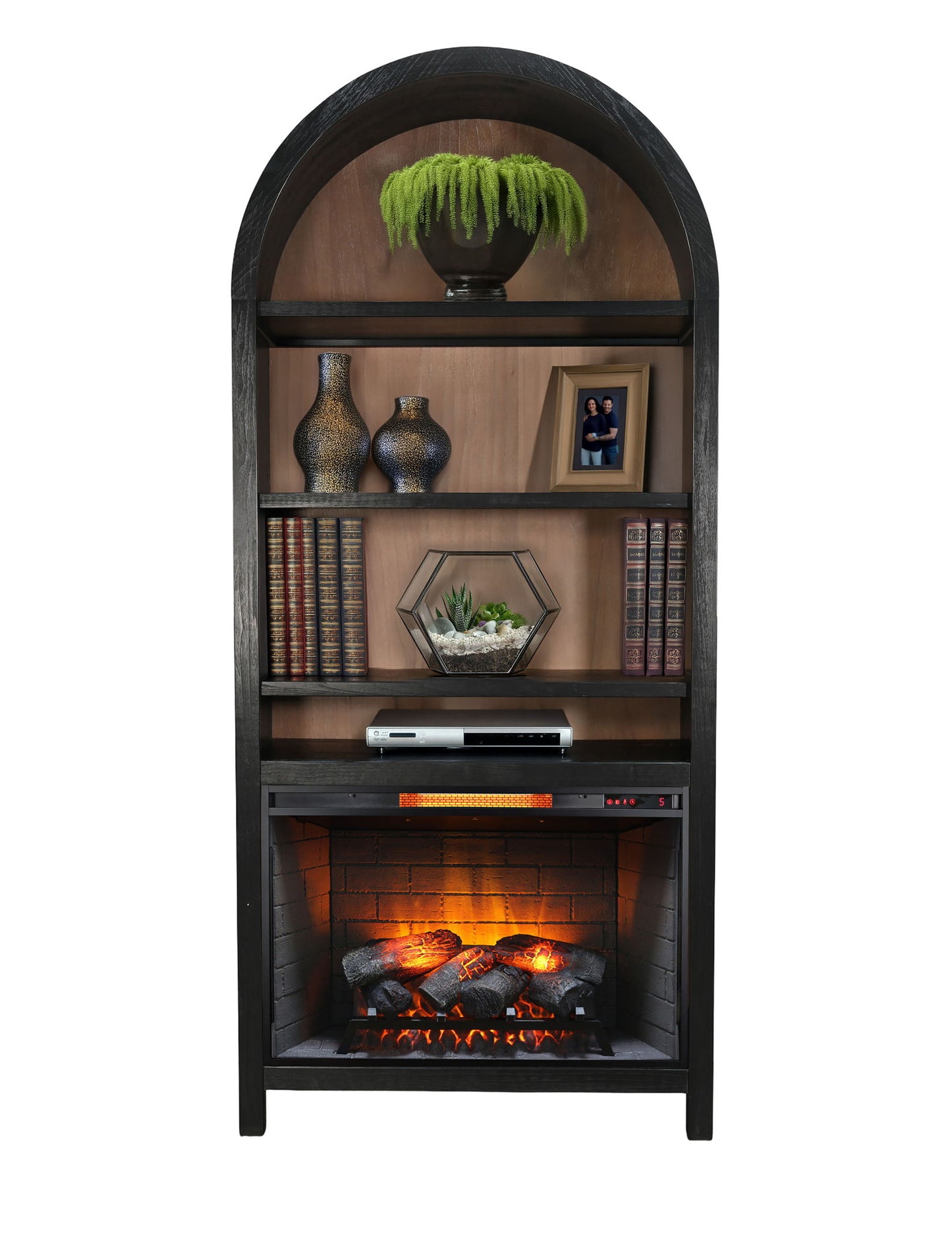 Arched Bookcase With Electric Fireplace - Umbra / Oak Grove