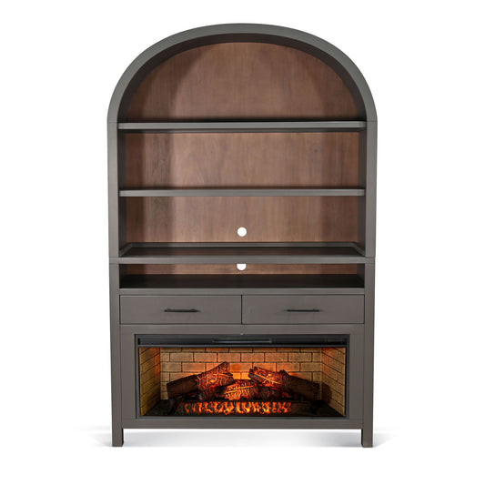 Arched Display Cabinet With Log-Style Electric Fireplace - Urban Bronze