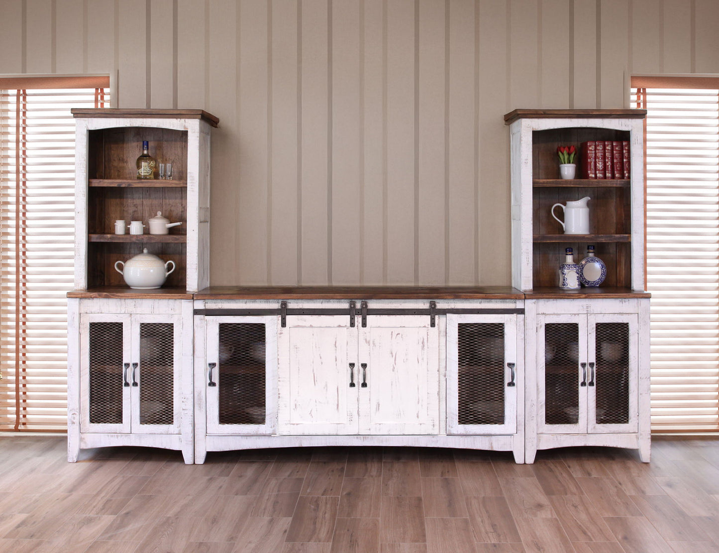 Pueblo - TV Stand / Console / Wall Unit - Antiqued White / Brown