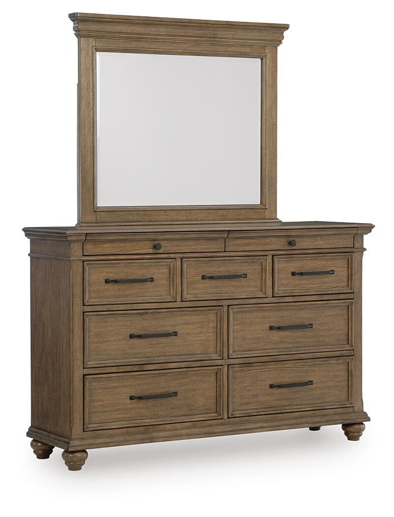 Karallin - 3 Pc. - Queen Panel Storage Bed, Dresser And Mirror - Medium Brown