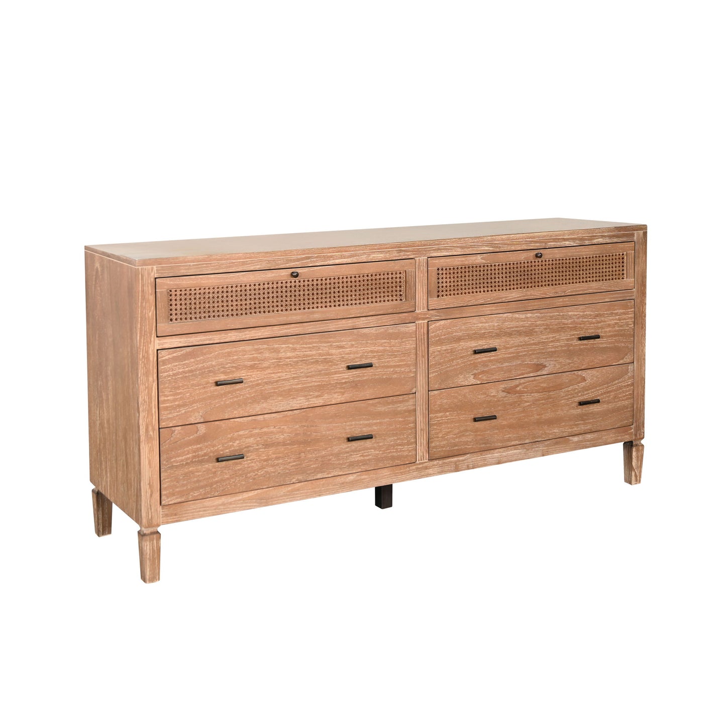 Natural Wood 6-Drawer Dresser With Rattan Accents