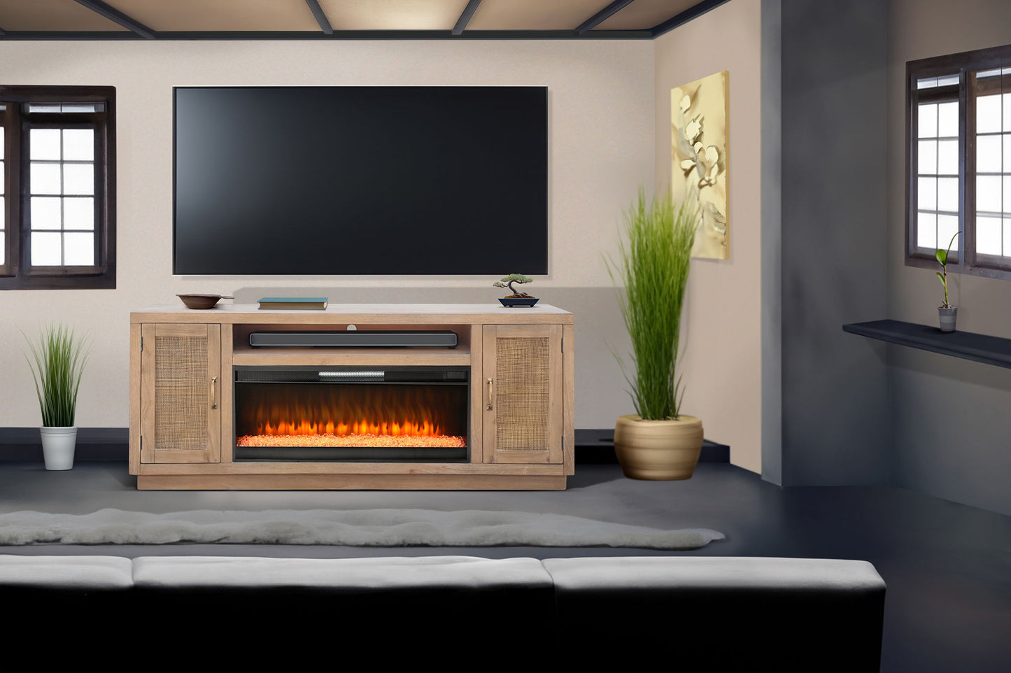 78" Cane Media Console With Faux Crystals Electric Fireplace Insert